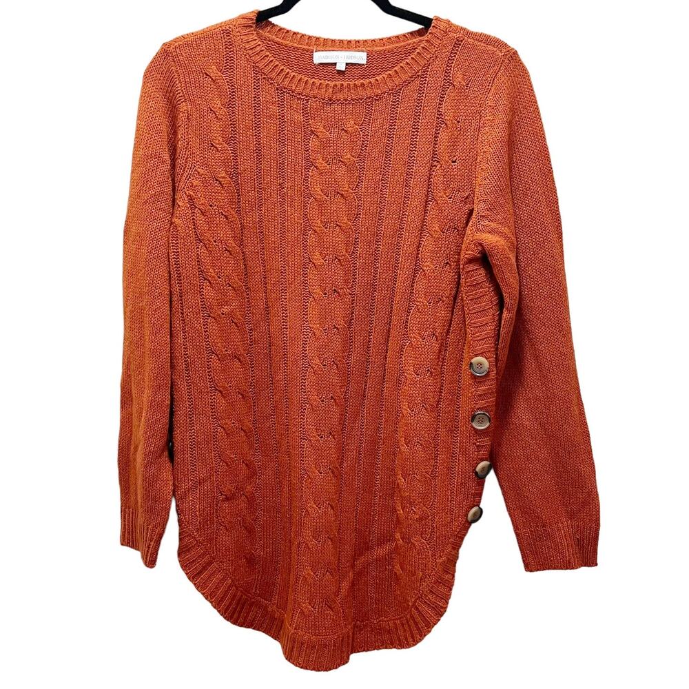 Madison + Hudson Sweater Long Sleeve Pullover Orange Crew Neck Button Accent M